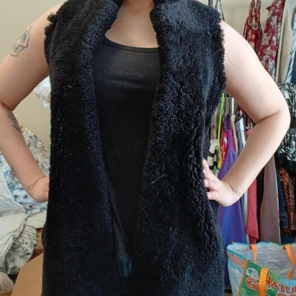 Vintage‎ handmade long black genuine sheepskin vest, size M-L